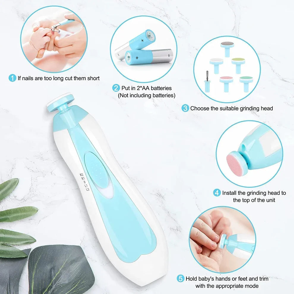 Baby nail trimmer with step-by-step usage instructions on a light background