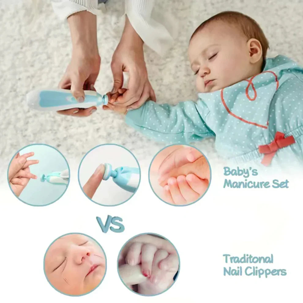 Baby being cared for with a baby manicure set and traditional nail clippers, on a soft surface.