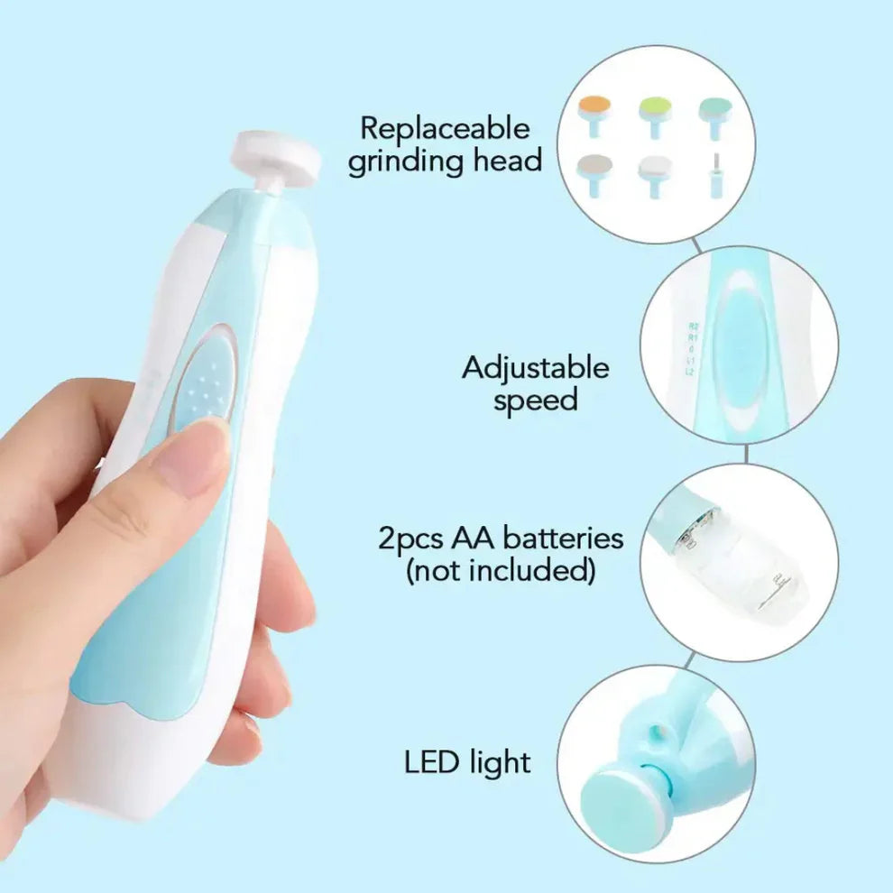 Hand holding a blue and white handheld tool with features highlighted on a light blue background