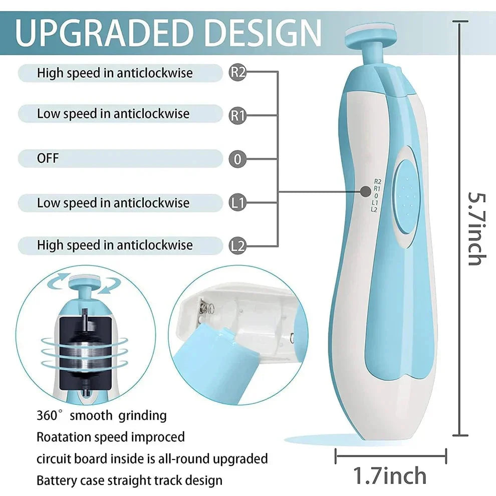 Blue and white electric shaver with features and specifications on a light blue background