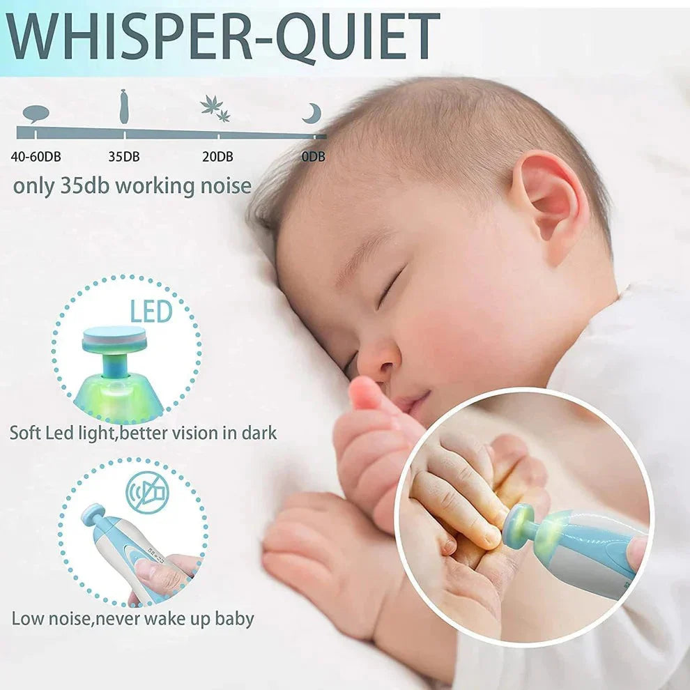 Baby sleeping with a soft LED light and low noise feature, labeled 'Whisper-Quiet'.