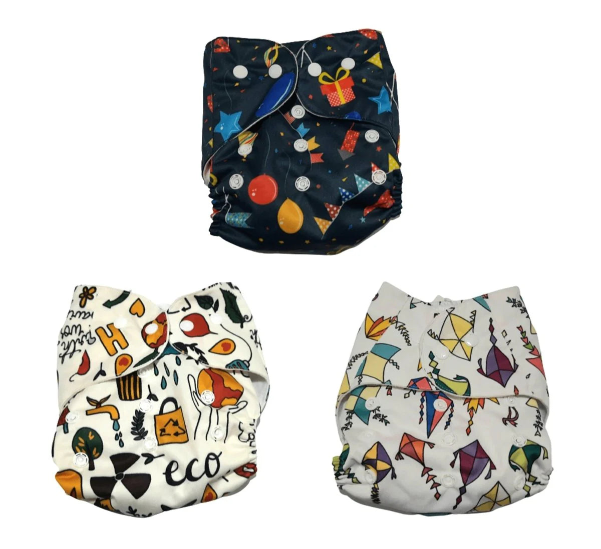 Three colorful patterned cloth diapers on a white background